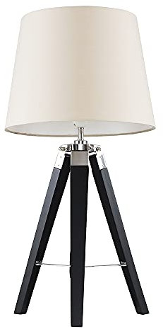 MiniSun | Black Wood and Silver Chrome Tripod Table Lamp with a Beige Light Shade | Home Décor, Bedside & Desk Lamp