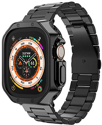 MRYUESG Compatible with Apple Watch Band and Case, Stainless Steel Metal Chain with TPU Cover, Smart-Watch Link Bracelet Strap, Wrist-Band for i-Watch Series 8 7 6 5 4 3 2 1 SE SE2, Black, 42/44/45mm