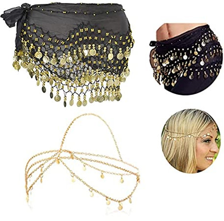 XHBTS Mehrreihige Goldmünzen Bauchtanz Wrap & Hüftschal, Gold Pailletten Kopf Kette Schmuck Festival Halloween Prom Kostüm Haarschmuck Stirnbänder Kopfschmuck für Frauen und Mädchen