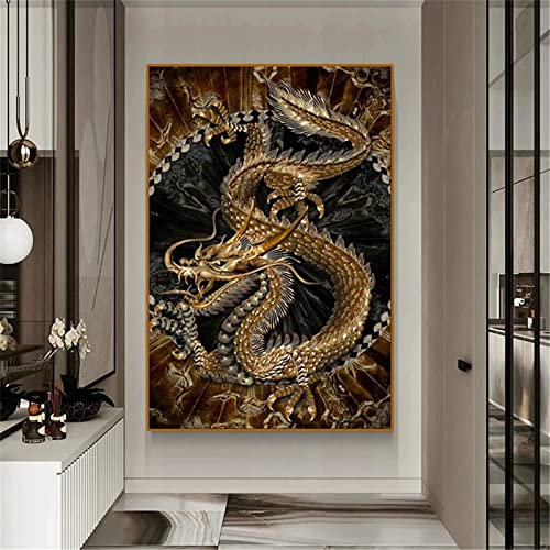 Qinzhao Diamond Painting,Chinesischer Drache DIY 5D Diamant Malerei Set Vollbohrer Nach Zahlen Gemälde Kreuzstich Stickerei Crystal Strass Kunst Handwerk für Home Wall Décor Round Drill,50x70cm