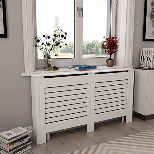 Tidyard Cubierta para Radiador Cubierta de Radiador para Radiador Diseño Moderno Cubre Radiador Cubreradiador Moderno,MDF Blanco 152x19x81,5 cm,con 7 Listones horizontales