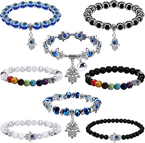 Diamday 8Pcs Evil Eye Beaded Bracelet for Women Men 7 Chakras Hamsa Turkey Blue Charm Stretch Bracelet Hamsa Hand of Fatima Amulet Jewelry for Protection and Blessing