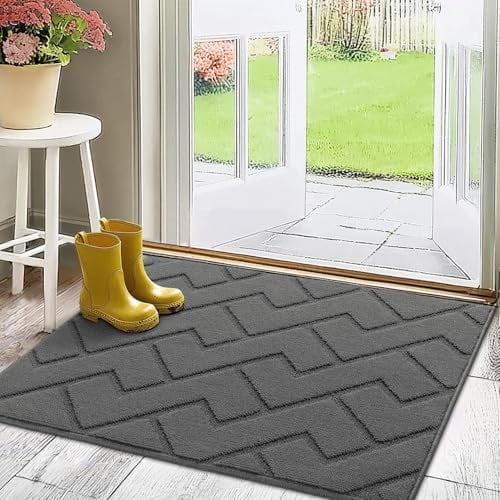 Biscpro Fußmatte Innen 80 x 100 cm, Schmutzfangmatte rutschfest Fussmatte Innen Waschbar Eingangsteppich Innen Fussmatten Haustür dünn Innen für Eingang, Flur, Garten, Innen, Haustier- Grau