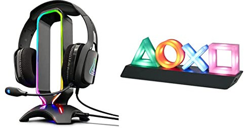 THE G-LAB K-Stand RADON Gaming Kopfhörer Stander - RGB-Hintergrundbeleuchtung, USB-Hub 2 x 2,0, rutschfeste Basis & Paladone Playstation Icons Light mit 3 Lichtmodi 31 x 7 x 11 cm