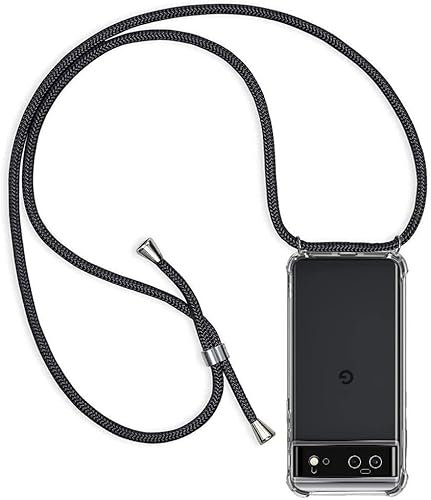 ZYIMOU für Google Pixel 6 Hülle mit Band, Handyhülle Google Pixel 6 Handykette Hülle mit Kette Schutzhülle Kordel zum Umhängen Transparent Weich TPU Silikon Bumper, Handykette Schwarz