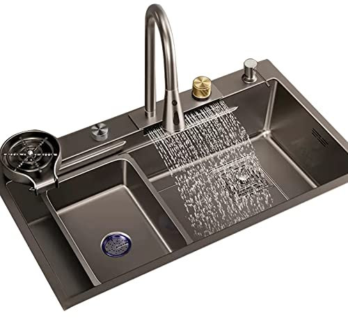 ATHUAH Fregadero de Cocina con Grifo de Cascada Fregadero de un Seno con Lavavajillas Accesorios Completos (Tamaño: 65x45 cm)