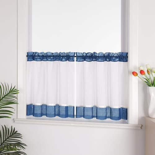 Joyswahl Leinenoptik Scheibengardine im Landhausstil »Jasmin« Cáfe Gardinen Transparent Kurz Küchengardinen Bistrogardinen Wohnzimmer Blau HxB 45x90cm 1 Stück
