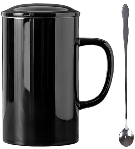 NIUKOMY Große Kaffeetasse 900ML, Keramik Teetasse mit Deckel und Löffel, Super Gross Tasse, Jumbo Becher, Riesige Teebecher, XXL Big Mug für Büro und Zuhause, Schwarz