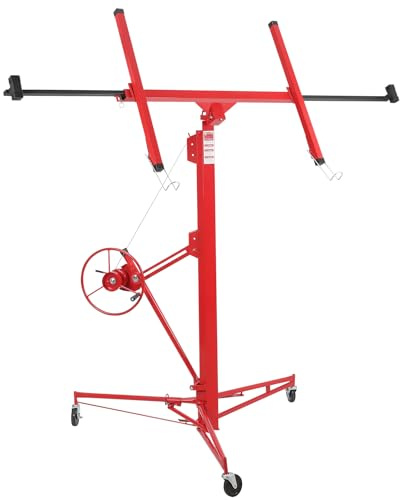 Drywall Lift 11 ft, Drywall Jack Lift for Ceiling, Adjustable Panel Hoist, 150 LBS Heavy Duty Drywall Lifter, 3 Lockable Wheels Foldable Sheetrock Lift for Home Improvement, Red
