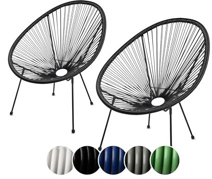 sunnypillow 2er Set Acapulco Gartenstühle - gemütlicher Loungesessel für Wohnzimmer, Terrasse, Garten, Balkon Sessel Stuhl - Korbsessel Gartensessel im Retro Design - Outdoor/Indoor - Schwarz