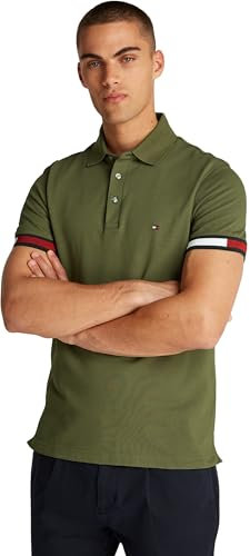 Tommy Hilfiger Men’s Short Sleeve Flag Cuff Slim Fit Polo Shirt, Green (Army Green), XL