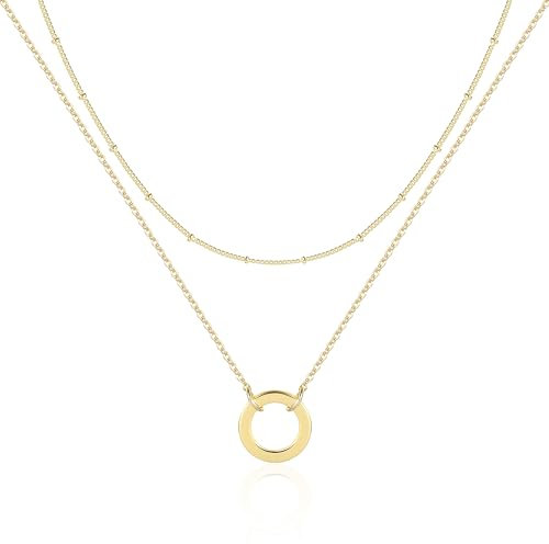 Gold Halskette für Damen, Kette Layered Damen Halskette mit Runder Anhänger Mehrschichtige Gold Halskette Hypoallergene 14K Personalisierte Kette Gold Modeschmuck für Frauen und Mädchen