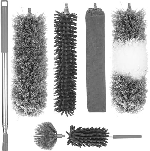 7 Stücke Staubwedel Teleskop Waschbar, Verbiegbare Staubwedel Lang Ausziehbar Bis 256 cm, Staubwedel mit Teleskopstange für hohe Decke Deckenventilator Spinnweben und Kronleuchter (Grau)