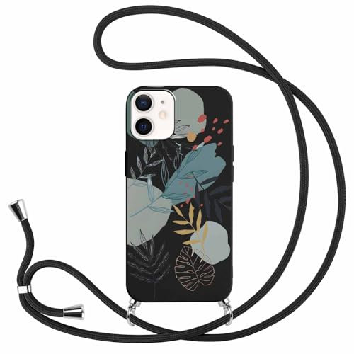 Pnakqil Handykette Hülle mit Kette für Apple iPhone 12 Mini 5,4 Handyhülle,Blätter Design Necklace Case mit Kordel zum Umhängen Silikon Schutzhülle Cover Schnur,7