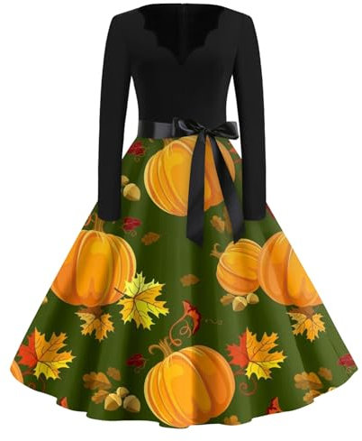 JKJFJKA Sexy Halloween Costumes pour Femmes Drôle d'halloween Imprimer Cocktail Balançoire Robe Sexy V Col Robe À Manches Cosplay Fête Robe Vert foncé 3XL Costume Halloween Sorciere