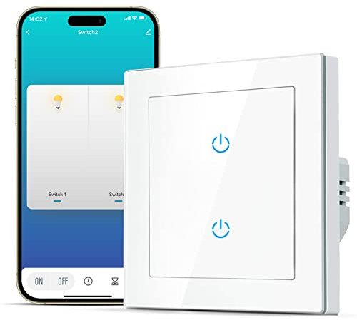 SMARTERCURRY Smart WLAN Lichtschalter 2 Fach 1 Weg Alexa Lichtschalter, gehärtetes Glas Touch Lichtschalter, Timing-Funktion, Weiß, Neutralleiter Erforderlich, 1 Stücke