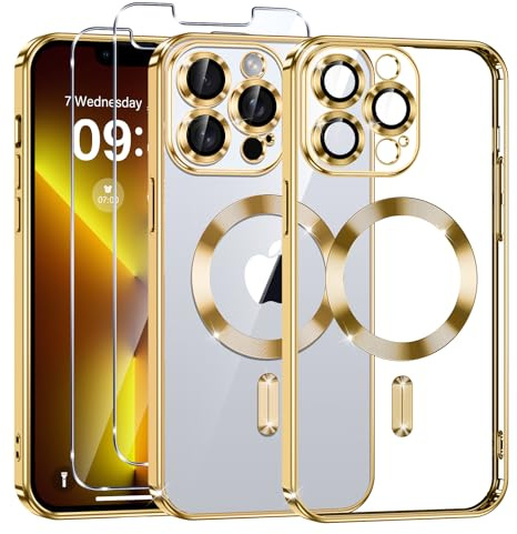 Phoona Cover Placcatura per iPhone 13 Pro 6,1 Pollici, Obiettivo per Fotocamera Protezione Completa e 2 × vetro temperato, Compatibile con MagSafe Ricarica Wireless, Protezione Militare, Oro