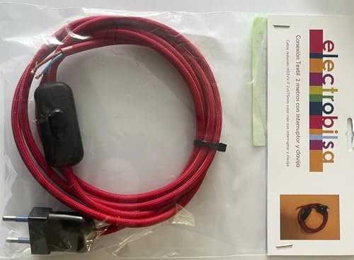 Kit de cable textil rojo 2 mts 2 x 0.75 mm, con clavija e interruptor negro, ideal para proyectos de iluminación y decoración.