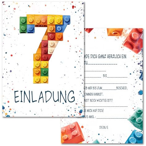 Vielucks 15 x Bausteine Einladungskarten - DIN A6 - Original - mit Aufkleber,Blocks Einladungskarten Kindergeburtstag Mädchen Junge,Geburtstagseinladungen,Party deko,Einladung Einschulung (7 Jahre)
