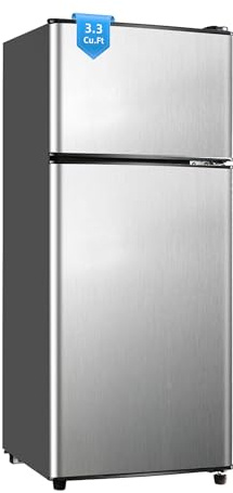 BORCOLO Mini fridge with freezer 3.2 Cu, small double door refrigerator with 7-level adjustable thermostat and separate freezer compartment, compact room refrigerator for