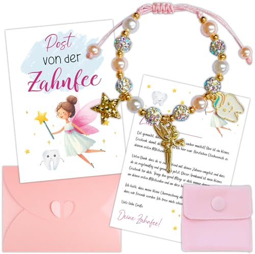 QckZee Zahnfee Geschenke, Zahnfee Postkarte Perlenarmband Armband Milchzahn Überraschung, Bunt Armbänder zum Einschlung Geburtstag Taufe Weihnachten Geschenke für Tochter Nichte Paten