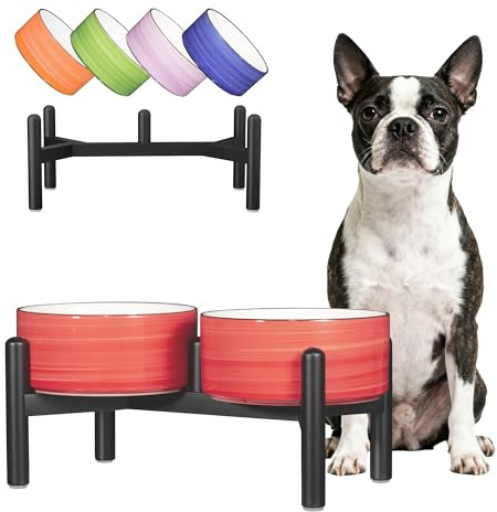 Keramik Hundenapf Erhöht mit Edelstahl-Ständer - Schoene Doppelnapf Futterstation für Kleine und Mittelgroße Hunde - rutschfest Hund Napf Set für Futter und Wasser - 350g / 660ml - 15cm - Rot