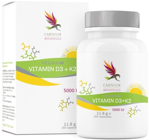Carnium Botanicals Vitamin D3 + K2 hochdosiert, 30 Kapseln | Vitamin D3 5000 IE & K2 Komplex, Für normale Knochen, Für Zähne und Immunsystem