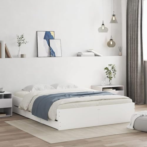 Nqyjm Bettgestell aus Holz, weiß, 150 x 200 cm, für Doppelbett, einfache Montage, für kleine Räume
