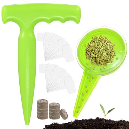 M METERXITY 1-Set Seed Planter Tool, Plastic Hand Dibber Garden Tool Peat Pellets Seed Starter Soil Pods Plugs for Sowing Seeds, Handheld Digging Hole Punch [Light Green, with Plant Labels]