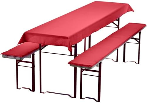 Waidmeister Bierbankauflagen Set 3 teilig - Auflagen für Bierzeltgarnitur - 1 Tischdecke 240x90 cm für Biertisch & 2 Bankauflagen gepolstert 220x25 - Farbe: Rot