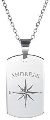 Gravado Halskette mit Erkennungsmarke aus Edelstahl mit Kompass Motiv, Personalisiert mit Name, Herren Schmuck