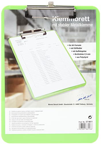 Wedo 576611 Klemmbrett A4, Stifthalter, Aufhängeöse, Metallklemme 32, 9 x 22, 7 x 1, 5 cm, Polystyrol, Hellgrün