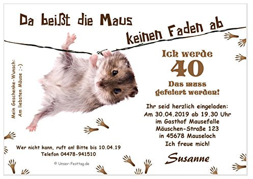 Unser-Festtag Lustige Einladungskarte Maus am Faden jedes Alter möglich - 30 40 50 60, Geburtstag, eindruck Ihres Wunschtextes, als digitale Datei (JPG) oder gedruckt auf 250gr Feinstkarton