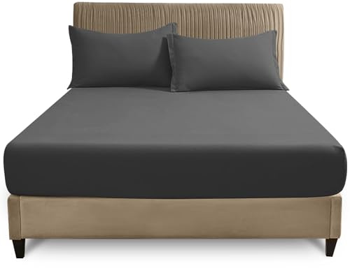 GC GAVENO CAVAILIA Plain Fitted Sheets - Easy Care Polycotton 25cm Deep Fitted Sheets - Breathable, Anti Allergic Bottom Sheets - Elastic Corner Bed Sheet Super King Size - Charcoal - 180 x 200 cm