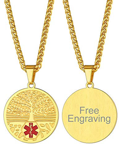 FaithHeart 18k Kette mit Runde Hundemarke Anhänger gravierbare Erkenungsmarke Kette für Kranke