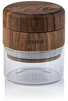 RYOT Wood GR8TR - Molinillo de hierbas con cuerpo de tarro negro transparente o mate y tapa de haya o nogal (tapa de nogal/tarro transparente)