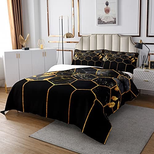 Marmor Tagesdecke Set 170x210, Schwarz Grau Geometrisches Gold Plaid Bettwäsche Set, Modernes Luxus Diamant Quilt Set mit Metallic Stripe Printed Bienenstock Hexagon Grid Coverlet Set, Honeycomb