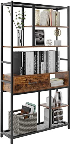 SogesHome Bücherregale Industrielles Bücherregal mit Schublade Freistehendes Display Aufbewahrungsregal Lagerregal Standregal Höhe von 180 cm Vintage Braun