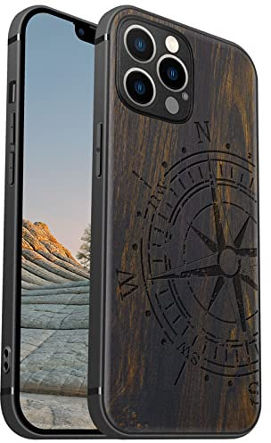 Carveit Magnetisch Hülle für iPhone 12 Pro Case [Elegante Schwarzholz] [Weich TPU Stoßstange] Stoßfeste Handyhülle Kompatibel mit 12Pro Magsafe Hülle Holz （Vintage Kompass）