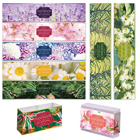 PandaHall 90 Stück Handgefertigtes Verpackungsetikettenband, 9 Styles Lavendelblüte Gänseblümchen Geißblatt Hortensie Blume Seife Papier Wrapper Label Tags Sleeves Covers Band Für Seife Lotion Bars