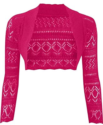 JJ CLOTHING Women's Long Sleeve Crochet Bolero Shrug Plain Cropped Knitted Open Cardigan (Fuchsia, M/L)
