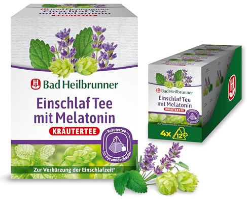 Bad Heilbrunner Einschlaf Tee mit Melatonin - im Pyramidenbeutel - Melatonin, Melisse, Lavendel - Endlich wieder gut einschlafen - Ideal fürs Reisen - Gute Nacht Tee (4 x 12 Pyramidenbeutel)