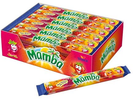 Mamba – 24 x 106g (4er Stange) – Leckere Kaubonbons mit Fruchtgeschmack in vier verschiedenen Sorten – Süßigkeiten Mix