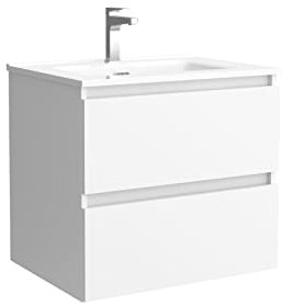 Salgar Mueble de baño Bequia 60 cm con Lavabo 100% montado de fábrica | Acabado Blanco Mate suspendido 2 cajones Cierre amortiguado Apertura con uñero | Lavabo Porcelana Blanca