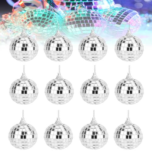 12Stück Disco Spiegelkugel, 4cm Spiegelkugel zum Aufhängen, Weihnachtskugeln Silber, Christbaumschmuck Disco Kugel für Silvester, Geburtstag, Weihnachten, Mottoparty