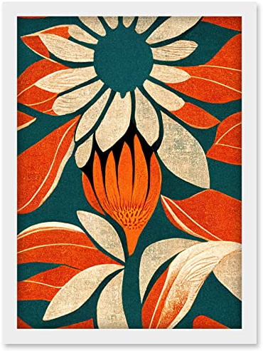 Doppelganger33 LTD Flower Design Teal Orange Abstract Linocut Artwork Framed Wall Art Print A4