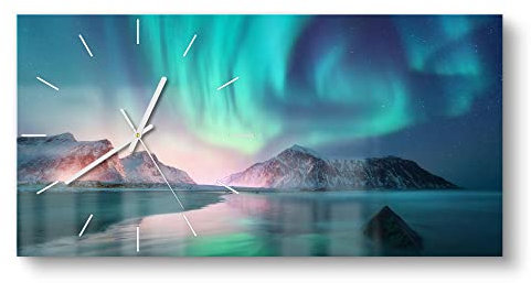DEQORI Glasuhr | vertikal 60x30 cm | Motiv Das Nordlicht der Lofoten | große XXL Design Uhr aus Glas | leise Wanduhr für Wohnzimmer & Küche | moderne Hingucker Uhr für die Wand