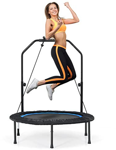 GYMAX Fitness Trampolin φ101cm, leise faltbares Mini Trampolin bis zu 150 kg Belastbar, Gartentrampolin mit höheverstellbarem Schaumstoffgriff & 2 Widerstandsbänder, für Erwachsene & Kinder (Blau)