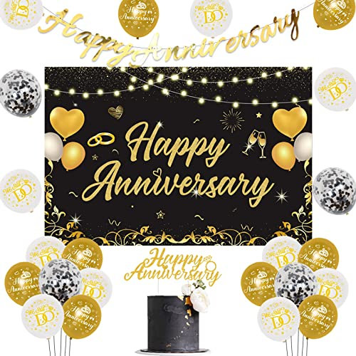 Sursurprise Happy Anniversary Decorations Black Gold, Happy Anniversary Backdrop Banner, Cake Topper, Black Gold Anniversary Balloons, Wedding Anniversary Party Supplies