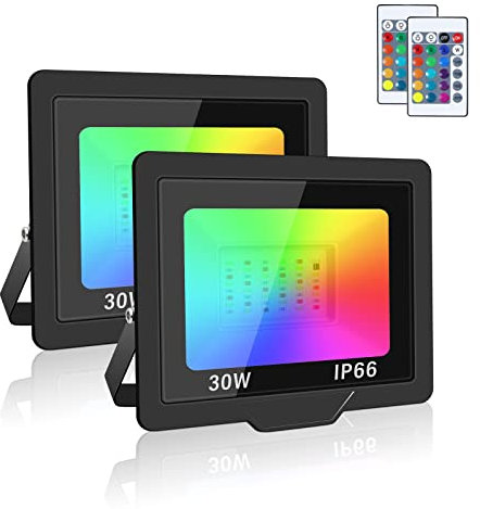 Willpower 2pcs RGB LED Strahler mit Fernbedienung 30W 3000LM, LED Fluter mit Memory-Funktion, Dimmbar Farbwechsel, 16 Farben 4 Modi, IP66 Wasserdicht LED Flutlicht für Aussen Innen Garten Party Deko